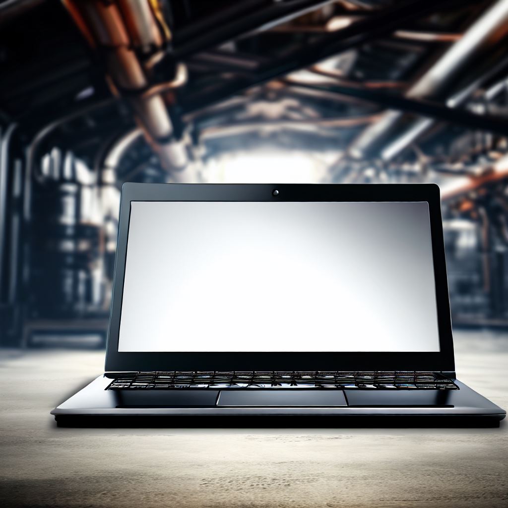 A sleek laptop against an industrial background